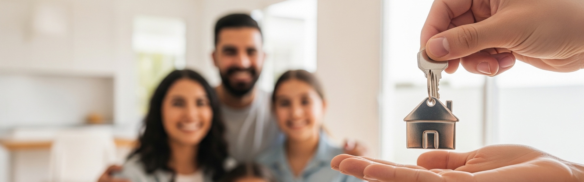 Entrega de llaves de vivienda nueva con familia feliz